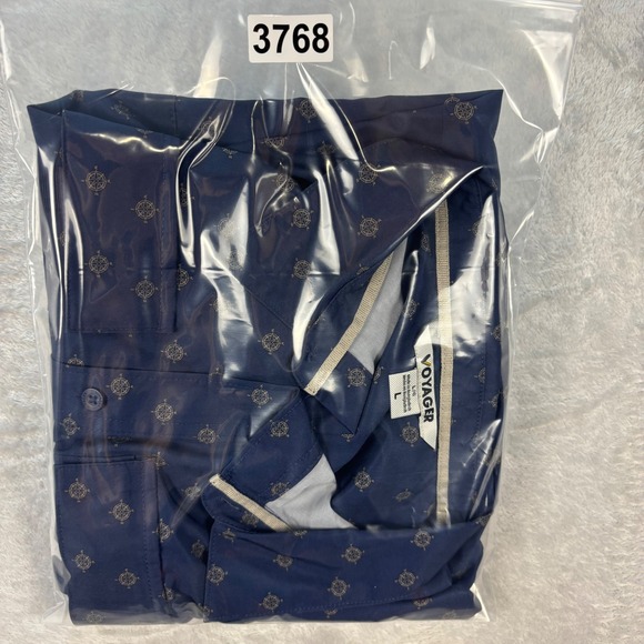 Voyager Men's Compass Print Button Shirt Navy Blue Recycled Stretch Sz L - Picture 9 of 9